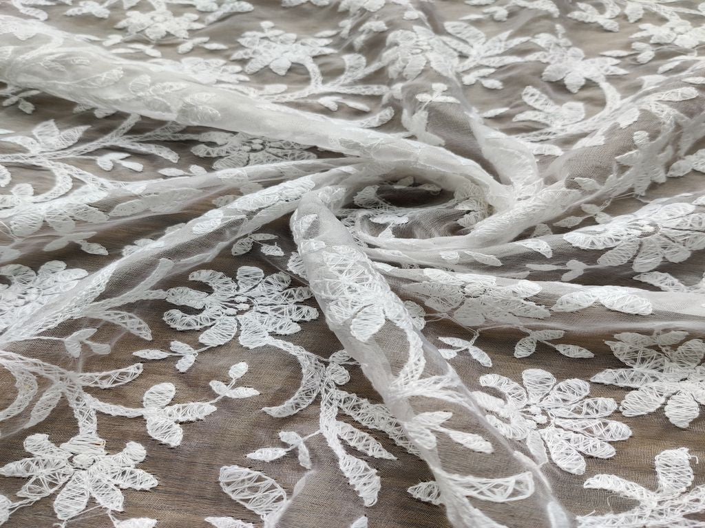 White Floral Dyeable Chikankari Embroidered Organza Fabric (Wholesale)