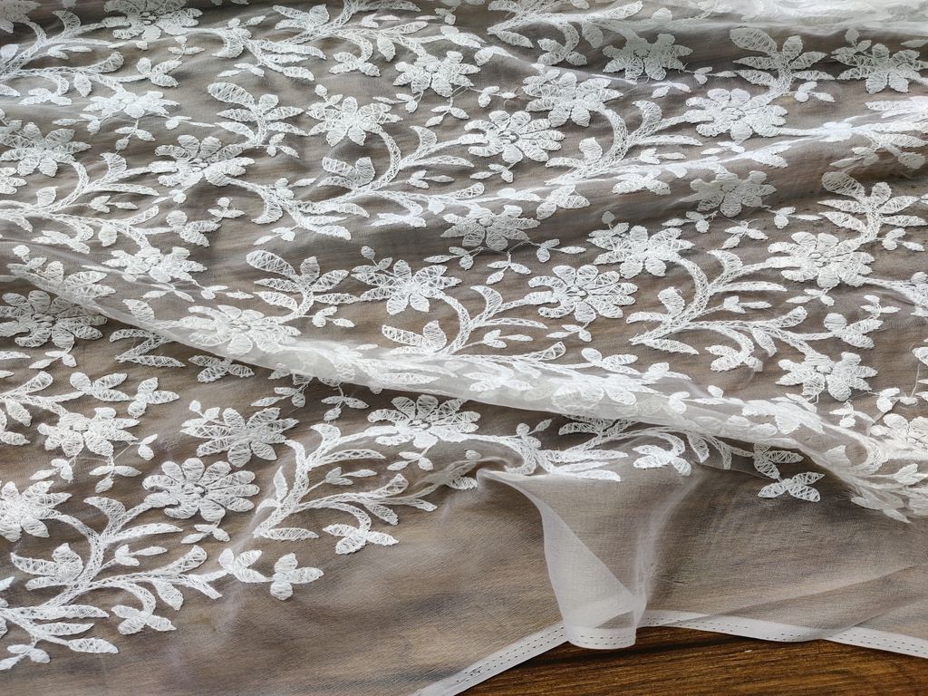 White Floral Dyeable Chikankari Embroidered Organza Fabric (Wholesale)