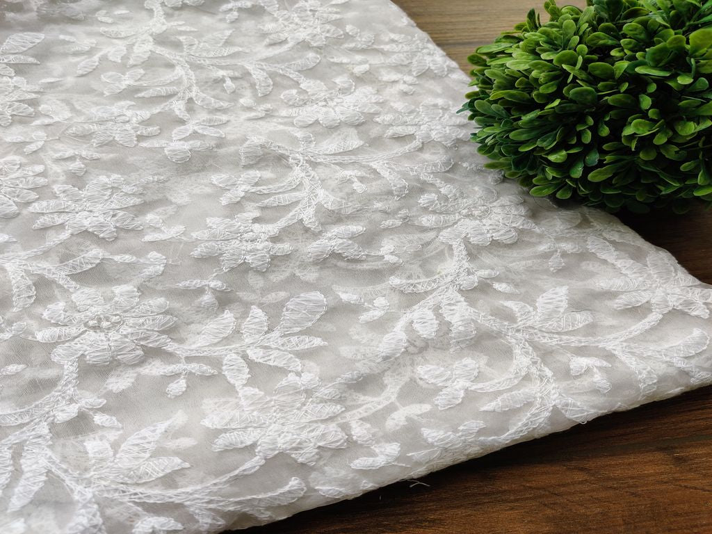 White Floral Dyeable Chikankari Embroidered Organza Fabric (Wholesale)