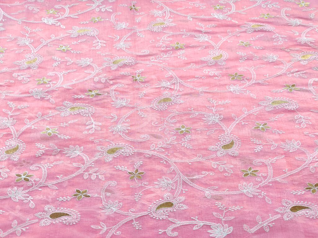 Baby Pink & White Traditional Chikankari Embroidered Chanderi Fabric (Wholesale)