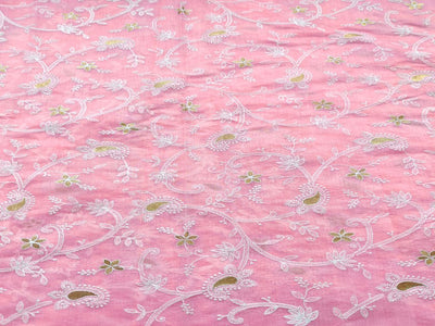 Baby Pink & White Traditional Chikankari Embroidered Chanderi Fabric (Wholesale)