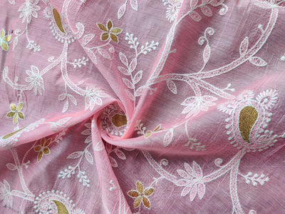 Baby Pink & White Traditional Chikankari Embroidered Chanderi Fabric (Wholesale)