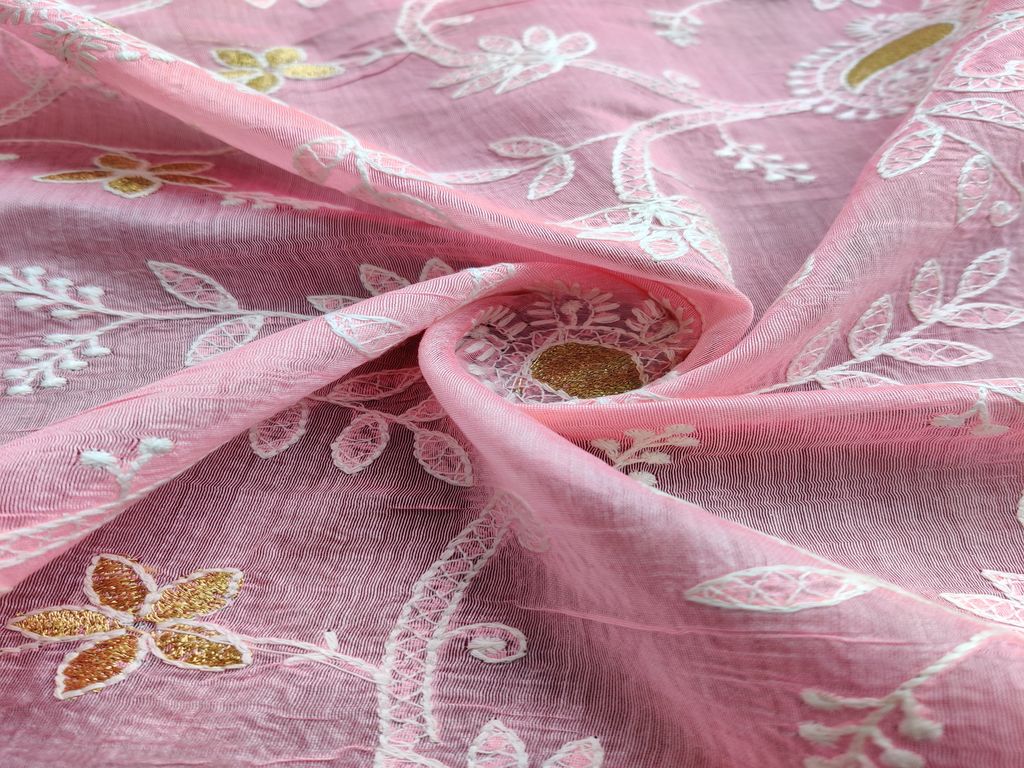 Baby Pink & White Traditional Chikankari Embroidered Chanderi Fabric (Wholesale)