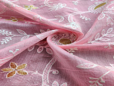 Baby Pink Chikankari Embroidered Chanderi Fabric (Wholesale)