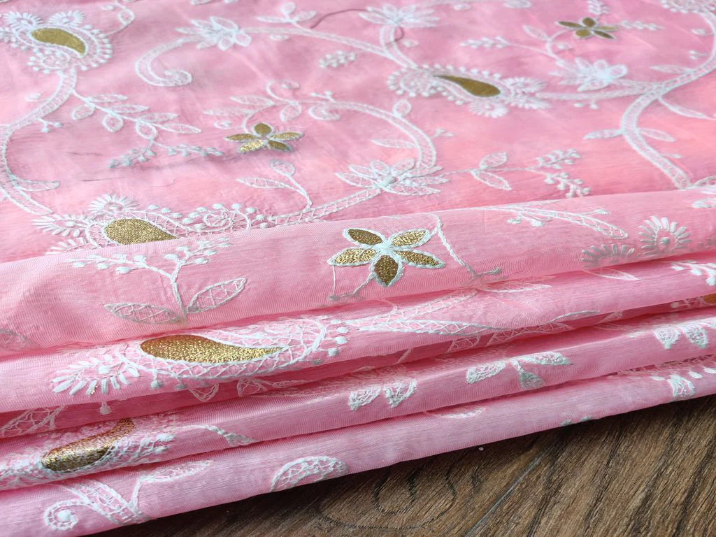 Baby Pink & White Traditional Chikankari Embroidered Chanderi Fabric (Wholesale)