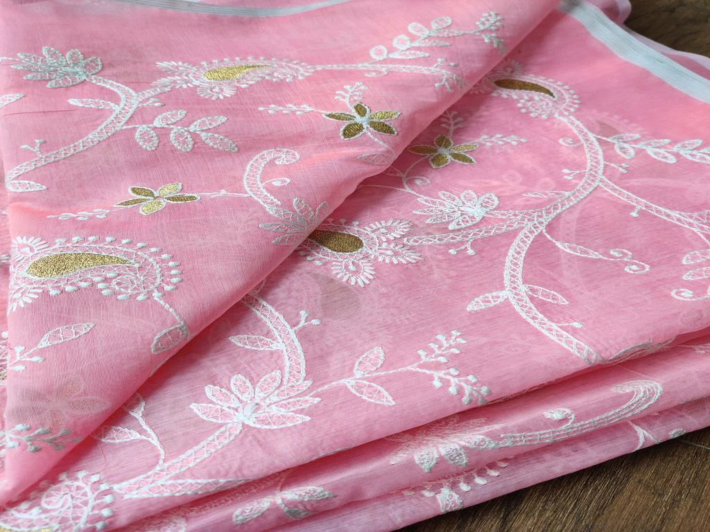 Baby Pink & White Traditional Chikankari Embroidered Chanderi Fabric (Wholesale)