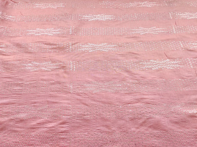 Peach & Silver Stripes Sequins Embroidered Chanderi Silk Fabric (Wholesale)