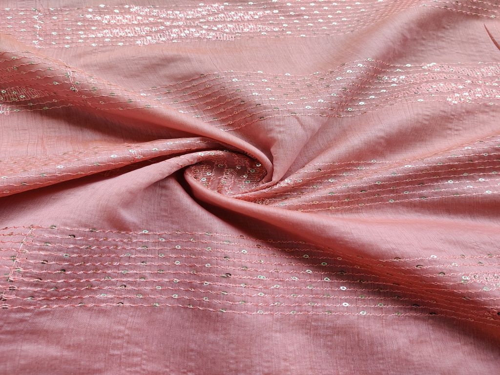 Peach & Silver Stripes Sequins Embroidered Chanderi Silk Fabric (Wholesale)