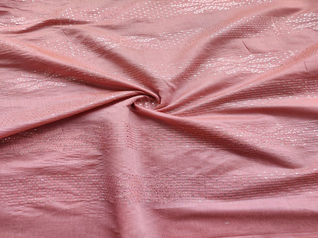 Peach & Silver Stripes Sequins Embroidered Chanderi Silk Fabric (Wholesale)