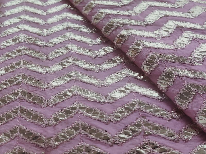 Levender & White Chevron Embroidered Foil Work Taffeta Silk Fabric (Wholesale)