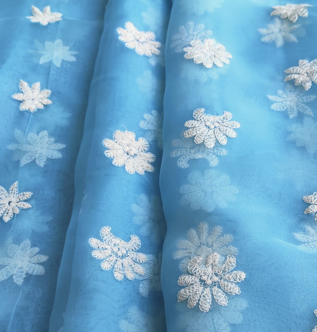 Sky Blue Floral Embroidered Organza Fabric