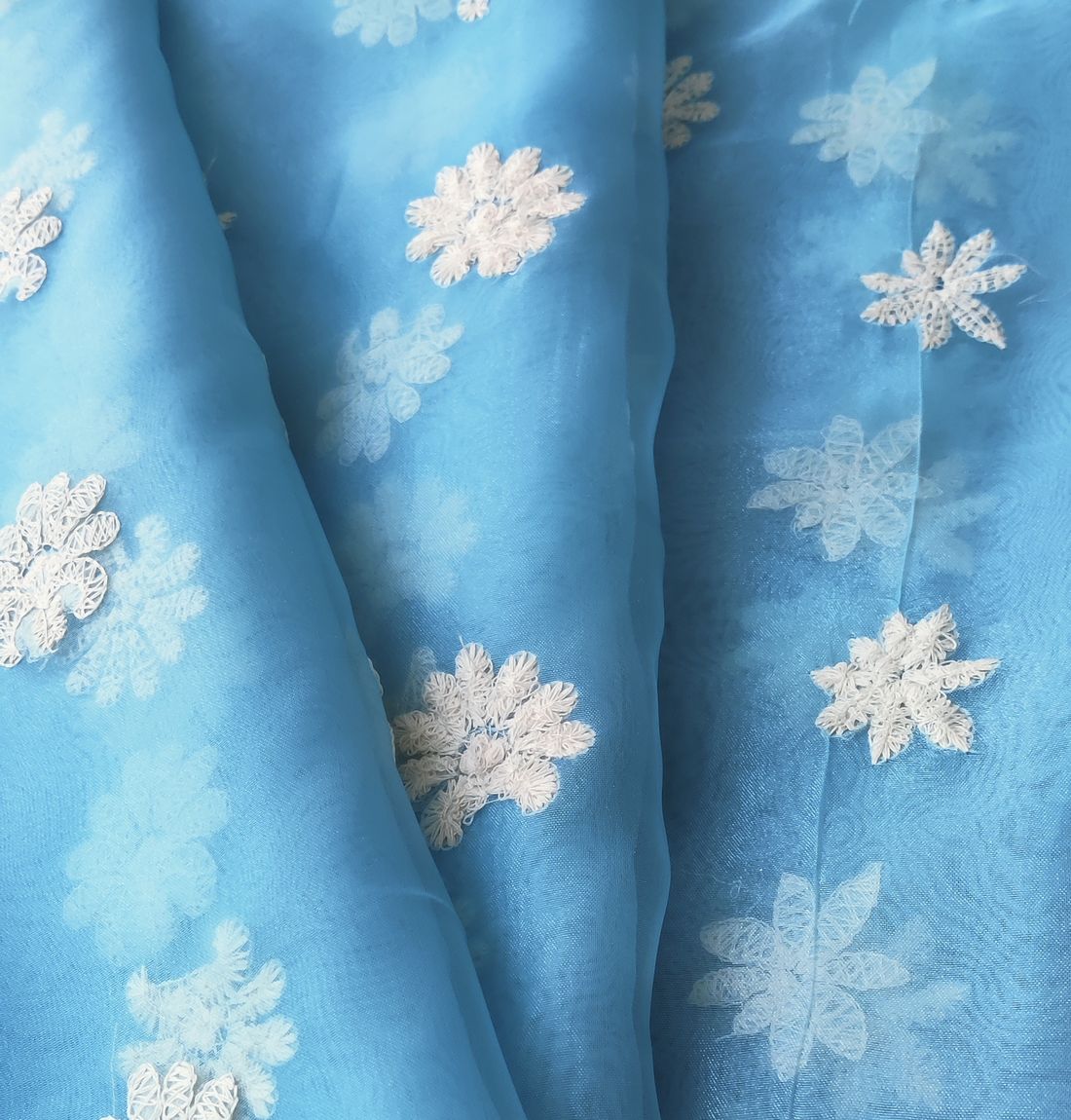 Sky Blue Floral Embroidered Organza Fabric