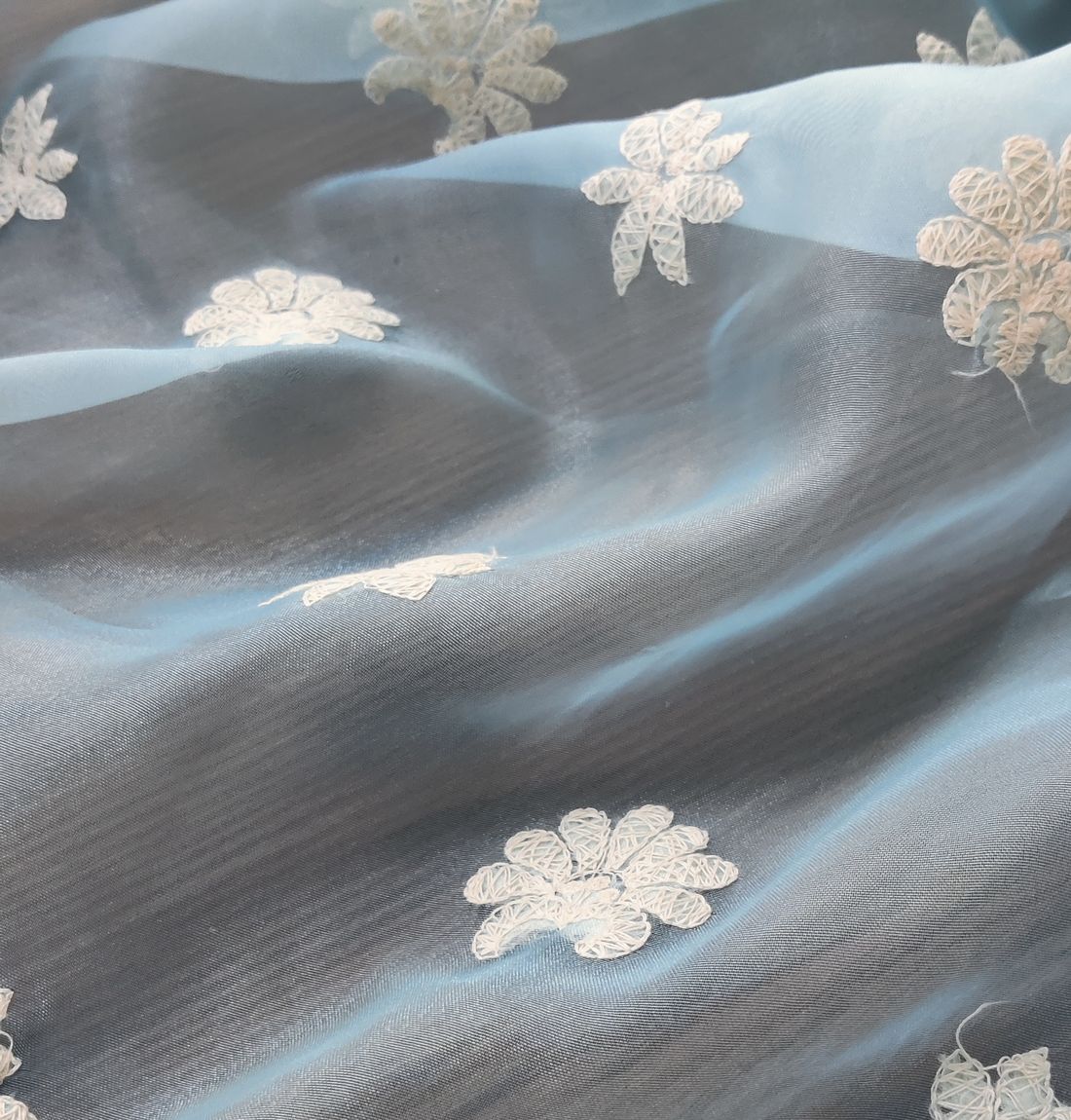 Sky Blue Floral Embroidered Organza Fabric