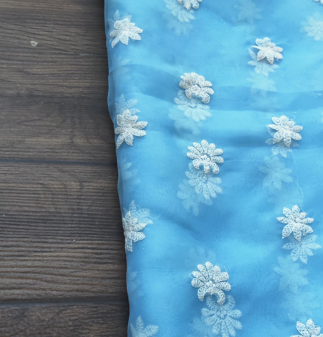 Sky Blue Floral Embroidered Organza Fabric