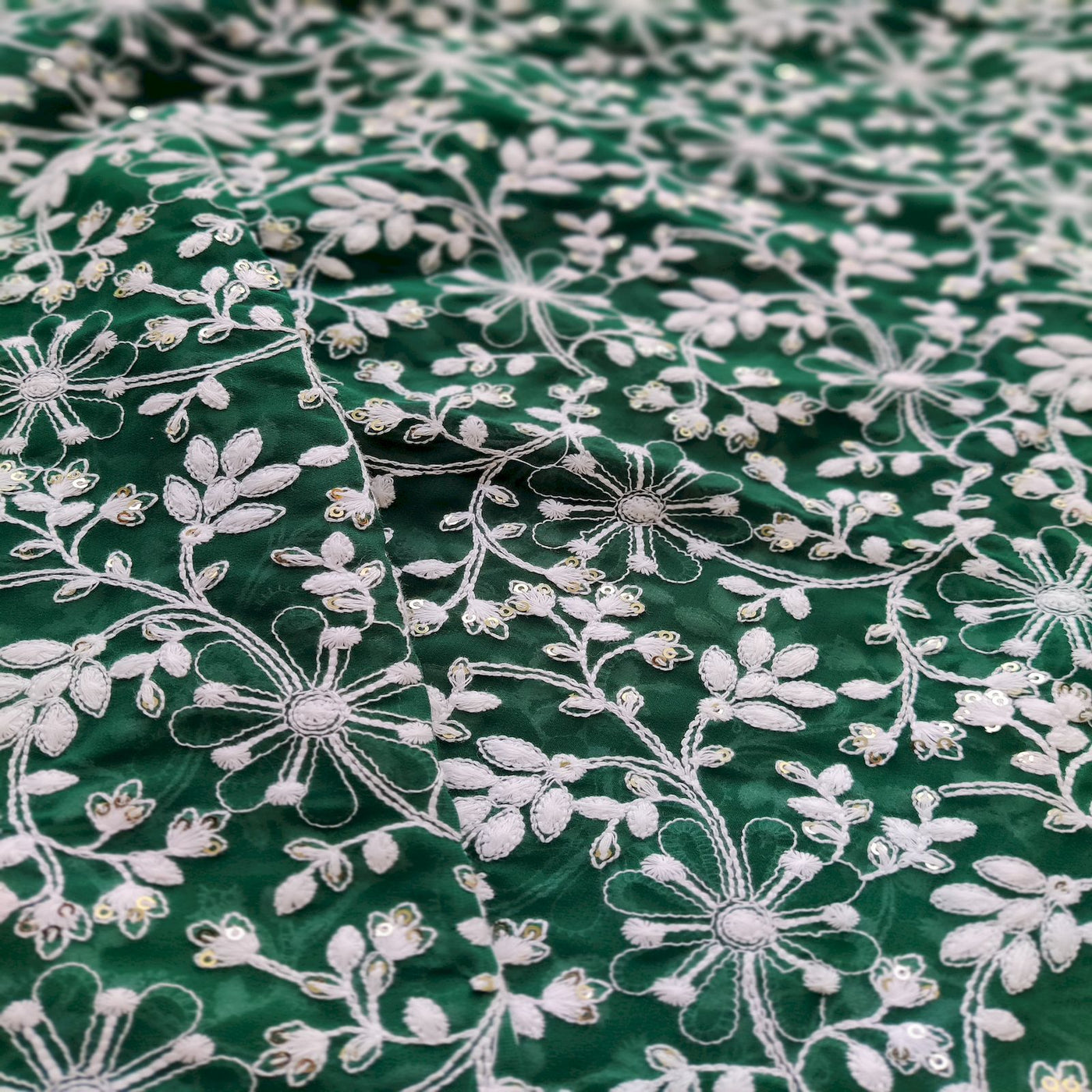 Dark Green Floral Sequins Chikankari Embroidered Georgette Fabric