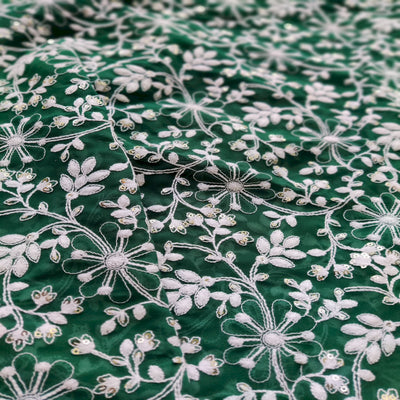 Dark Green Floral Sequins Chikankari Embroidered Georgette Fabric