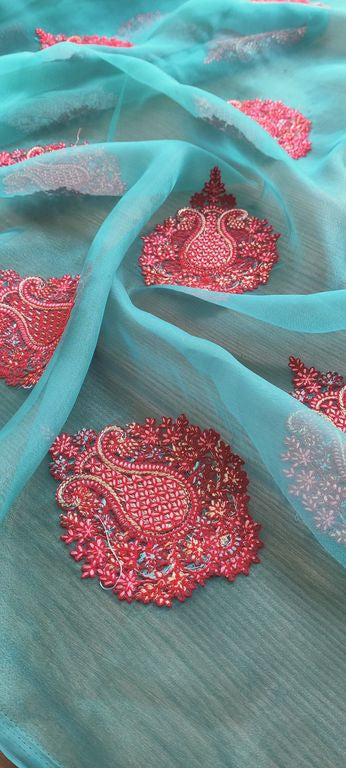 Teal Green Motifs Kashmiri Embroidered Organza Fabric (Wholesale)