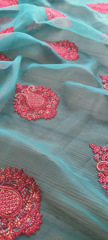 Teal Green Motifs Kashmiri Embroidered Organza Fabric (Wholesale)