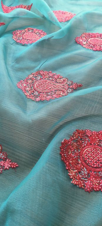 Teal Green Motifs Kashmiri Embroidered Organza Fabric (Wholesale)