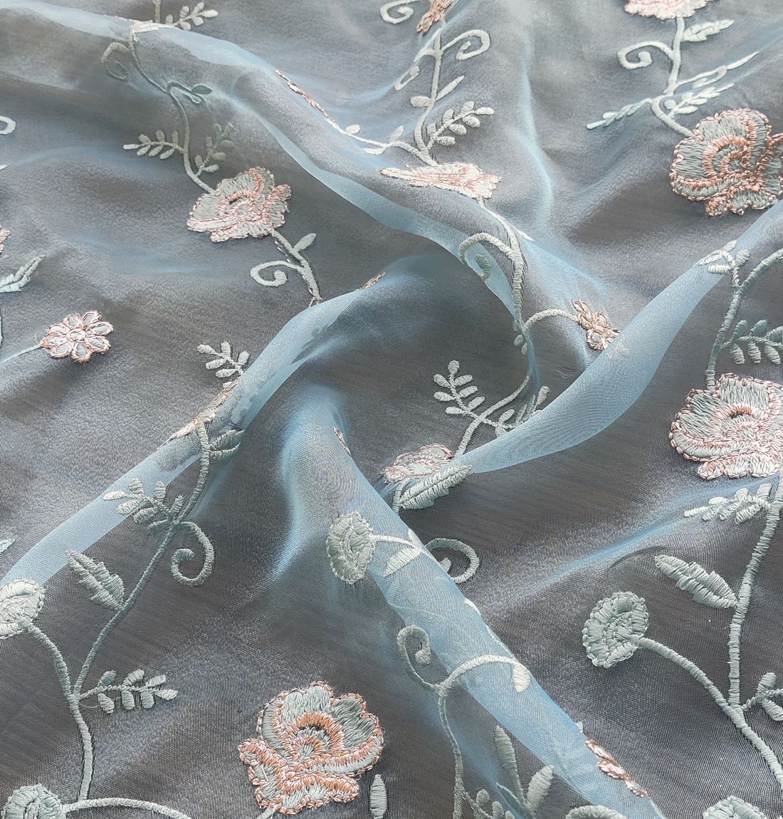 Sky Blue Floral Zardozi Embroidered Organza Fabric