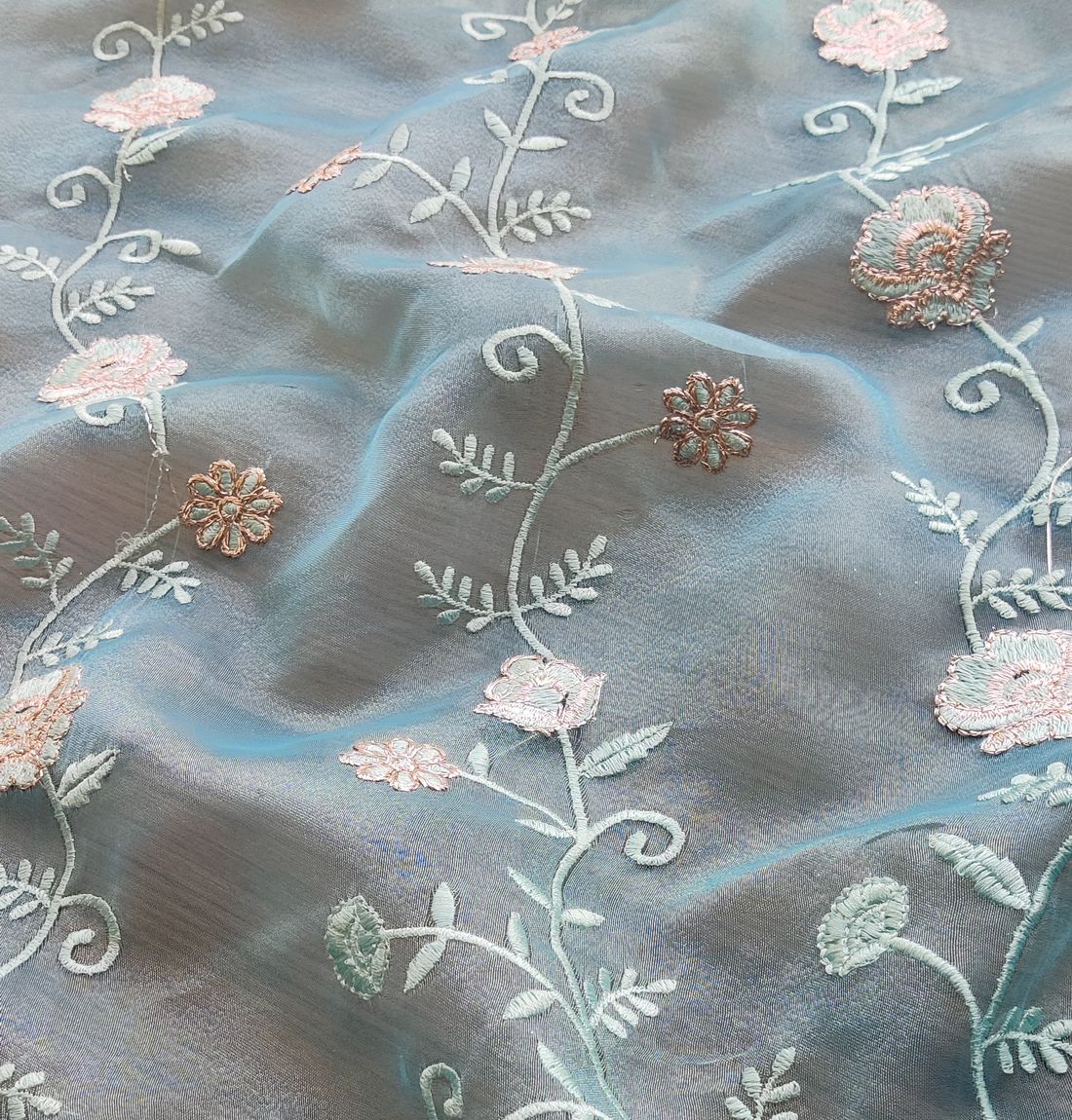 Sky Blue Floral Zardozi Embroidered Organza Fabric