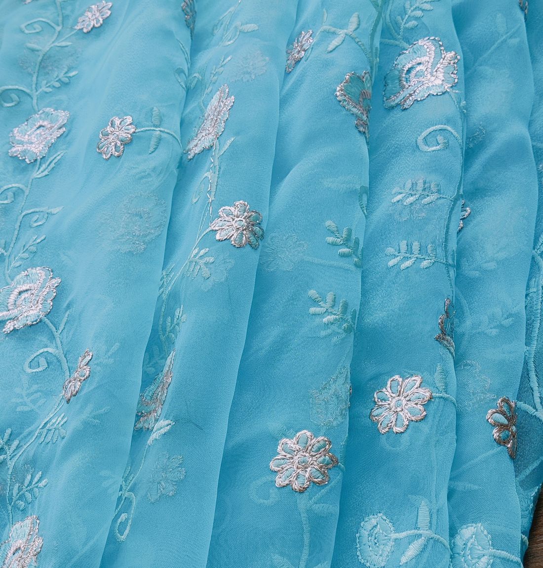 Sky Blue Floral Zardozi Embroidered Organza Fabric