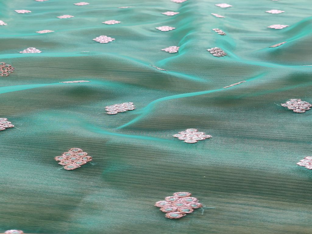 Green Motifs Zardozi Organza Fabric