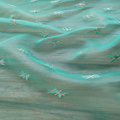 Sea Green Motifs Embroidered Zardozi Organza Fabric (Wholesale)