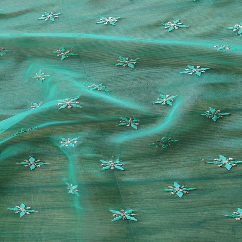 Sea Green Motifs Embroidered Zardozi Organza Fabric (Wholesale)