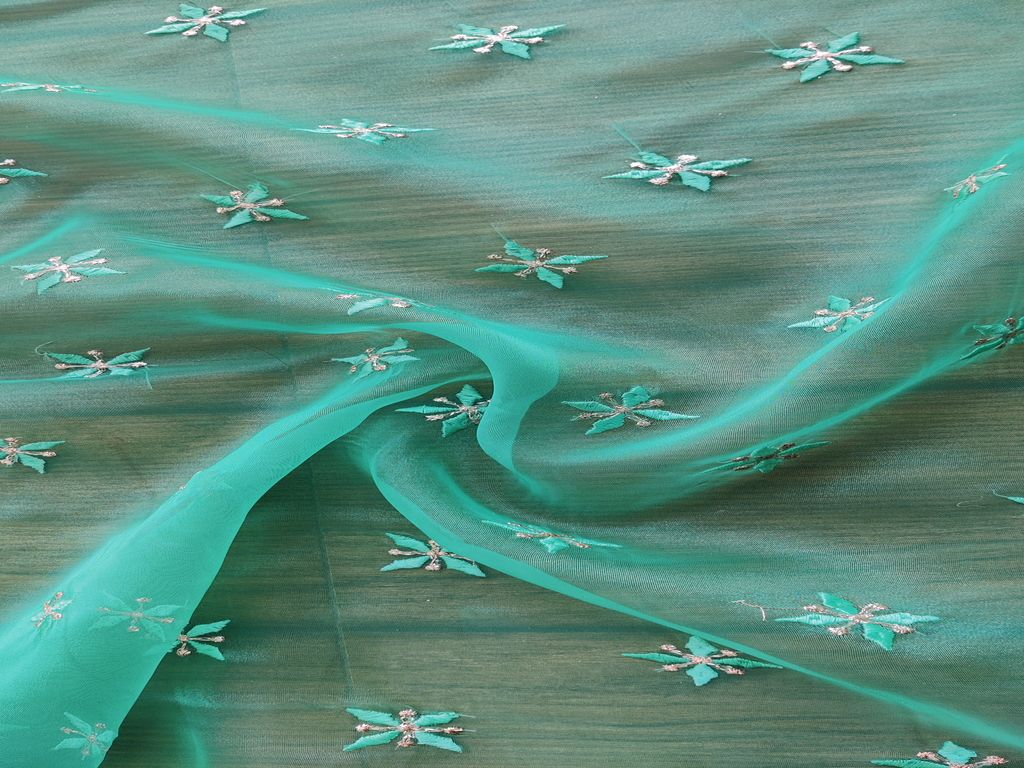 Green Motifs Embroidered Zardozi Organza Fabric