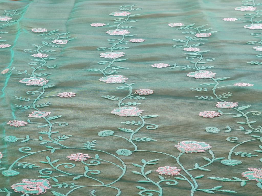 Green Floral Zardozi Embroidered Organza Fabric (Wholesale)