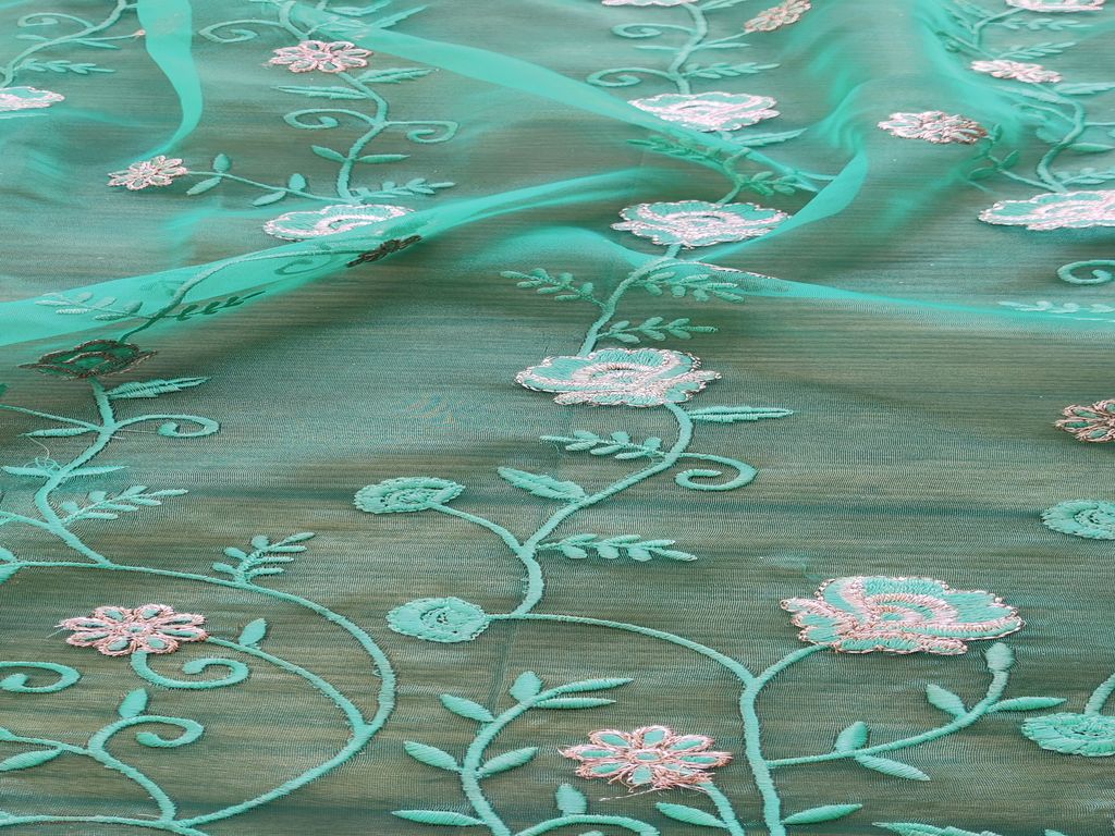 Green Floral Zardozi Embroidered Organza Fabric (Wholesale)