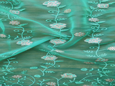 Green Floral Zardozi Embroidered Organza Fabric (Wholesale)