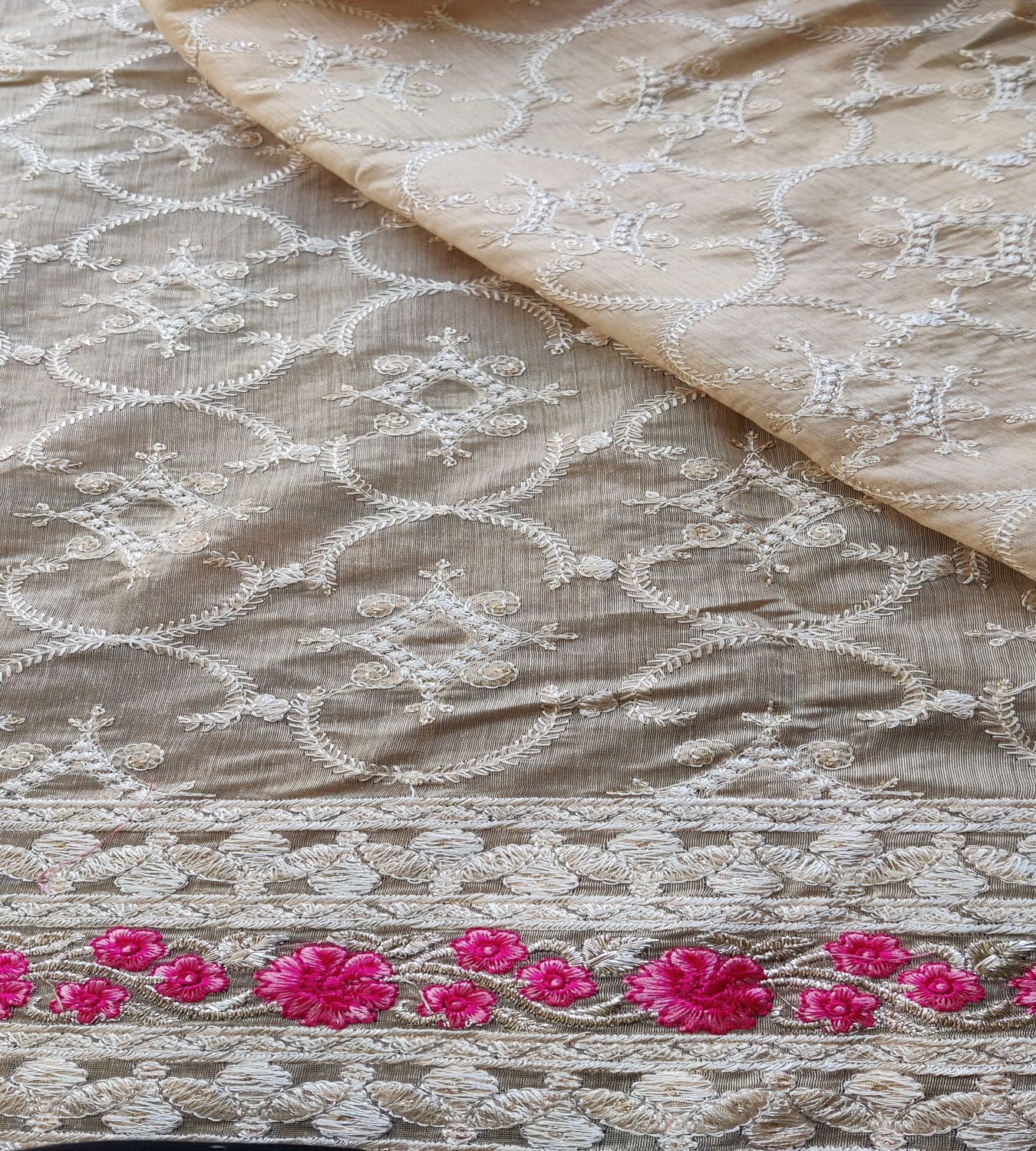 Beige Floral Sequins Embroidered Chanderi Fabric (Wholesale)