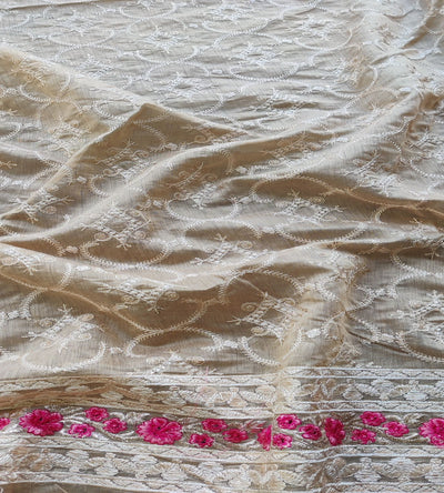 Beige Floral Sequins Embroidered Chanderi Fabric (Wholesale)