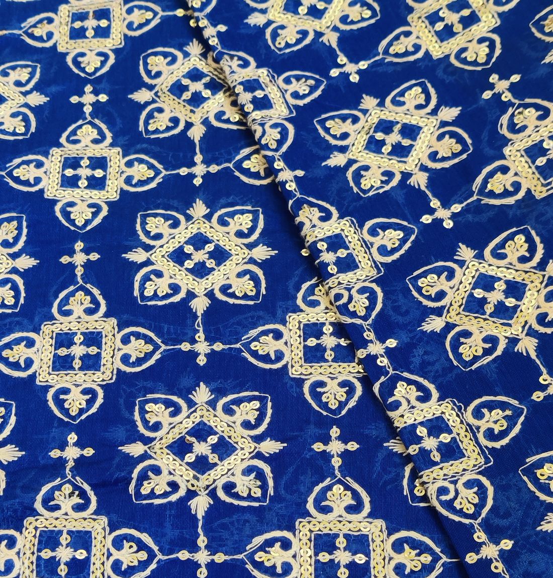 Blue Traditional Chikankari Sequins Embroidered Chanderi Fabric