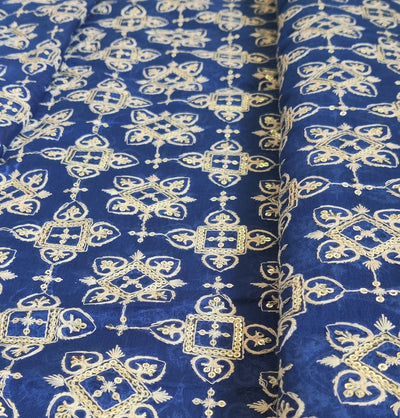 Blue Traditional Chikankari Sequins Embroidered Chanderi Fabric