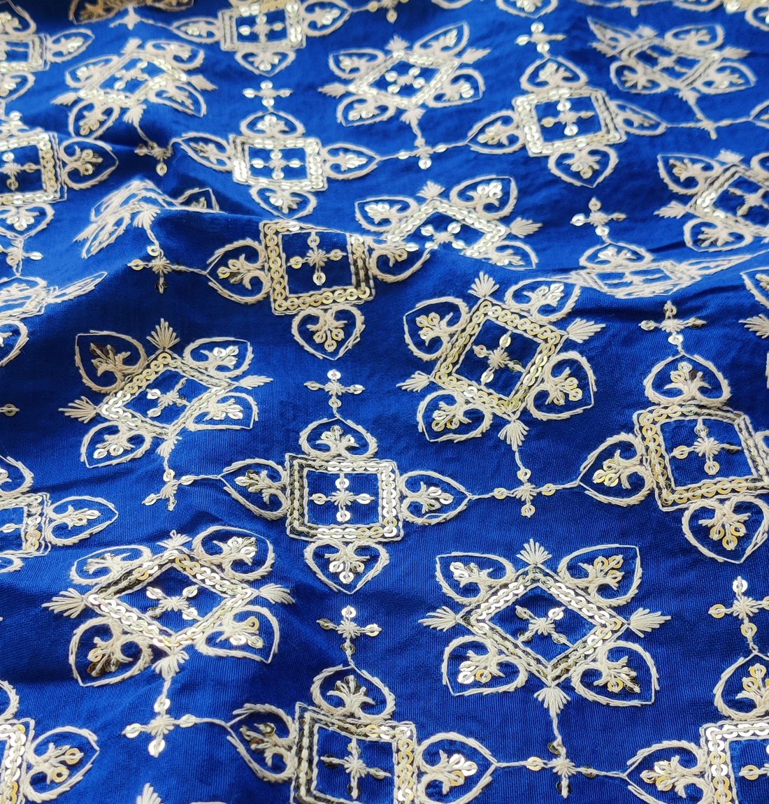 Blue Traditional Chikankari Sequins Embroidered Chanderi Fabric