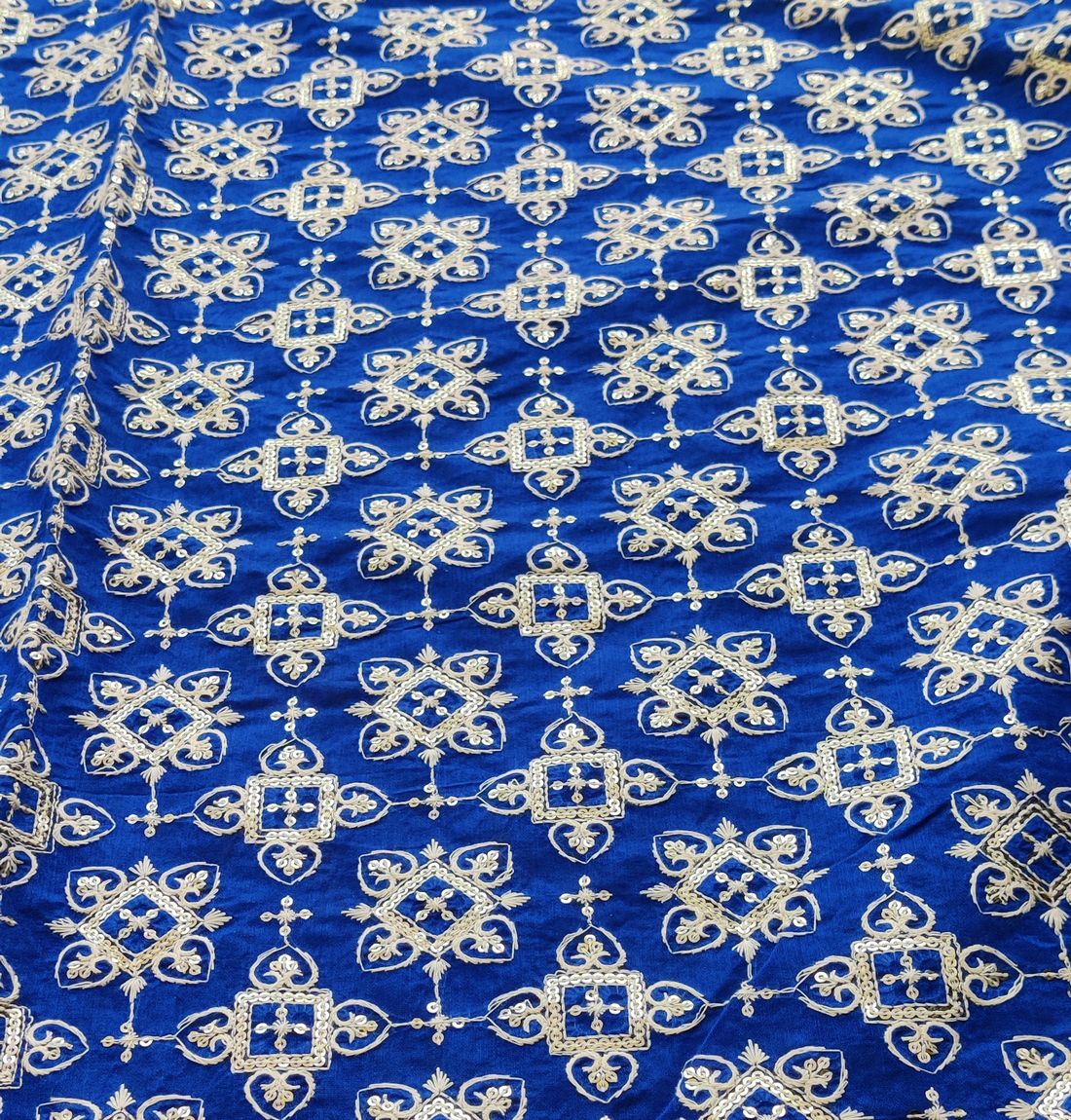 Blue Traditional Chikankari Sequins Embroidered Chanderi Fabric