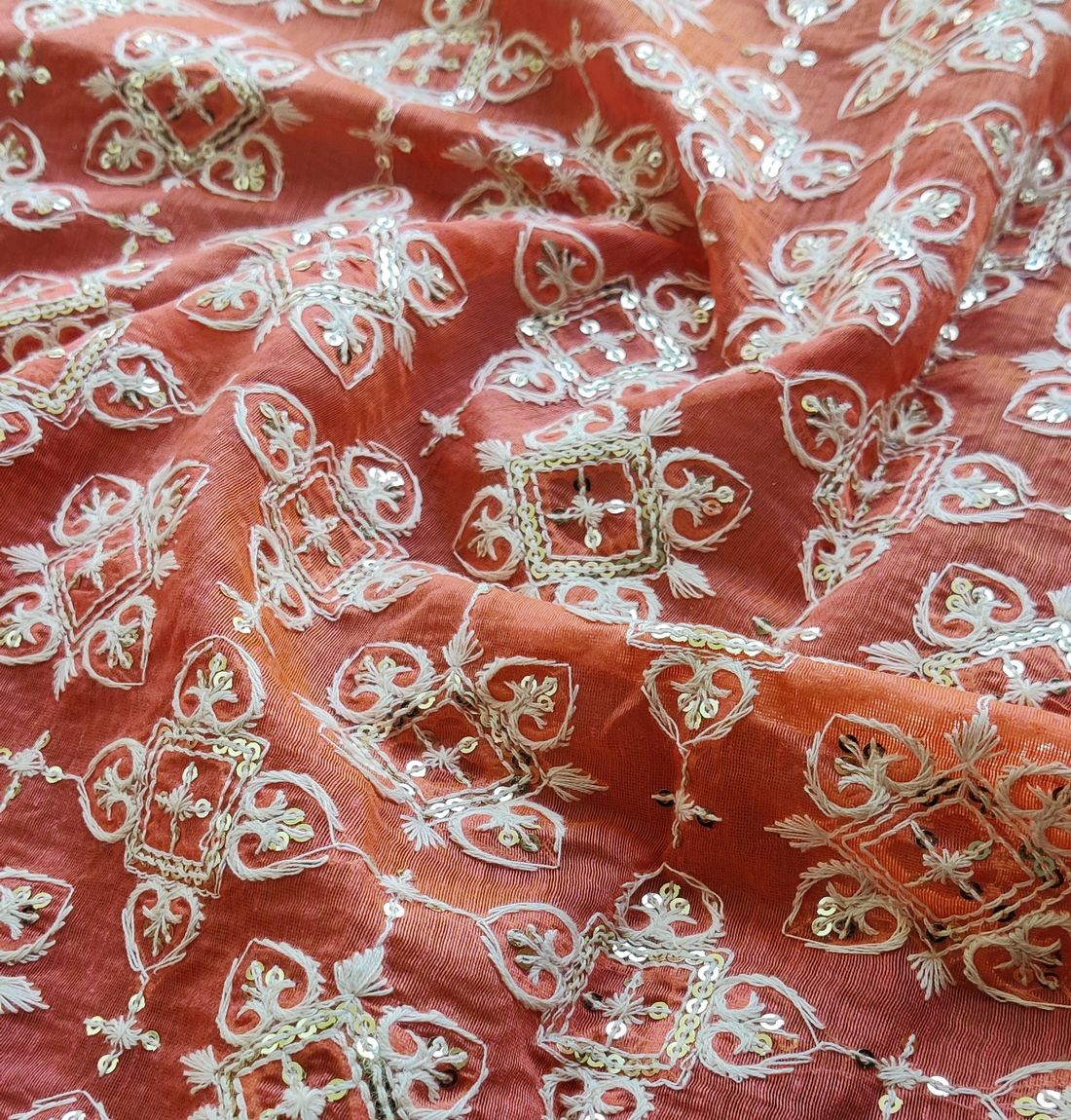 Orange & White Traditional Sequins ChikanKari Embroidered Chanderi Fabric