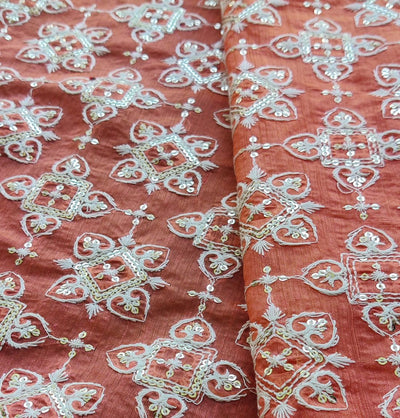 Orange & White Traditional Sequins ChikanKari Embroidered Chanderi Fabric