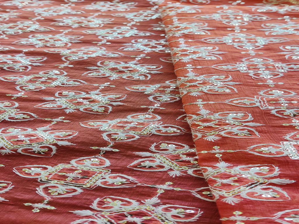 Red & Orange Traditional Sequins ChikanKari Embroidered Chanderi Fabric