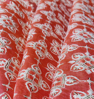 Orange & White Traditional Sequins ChikanKari Embroidered Chanderi Fabric