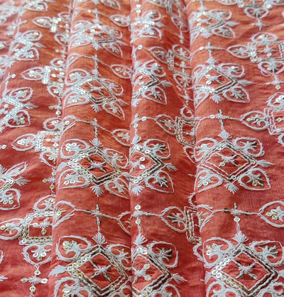 Orange Traditional Chikankari Embroidered With Sequins Work Chanderi Fabric (Wholesale)