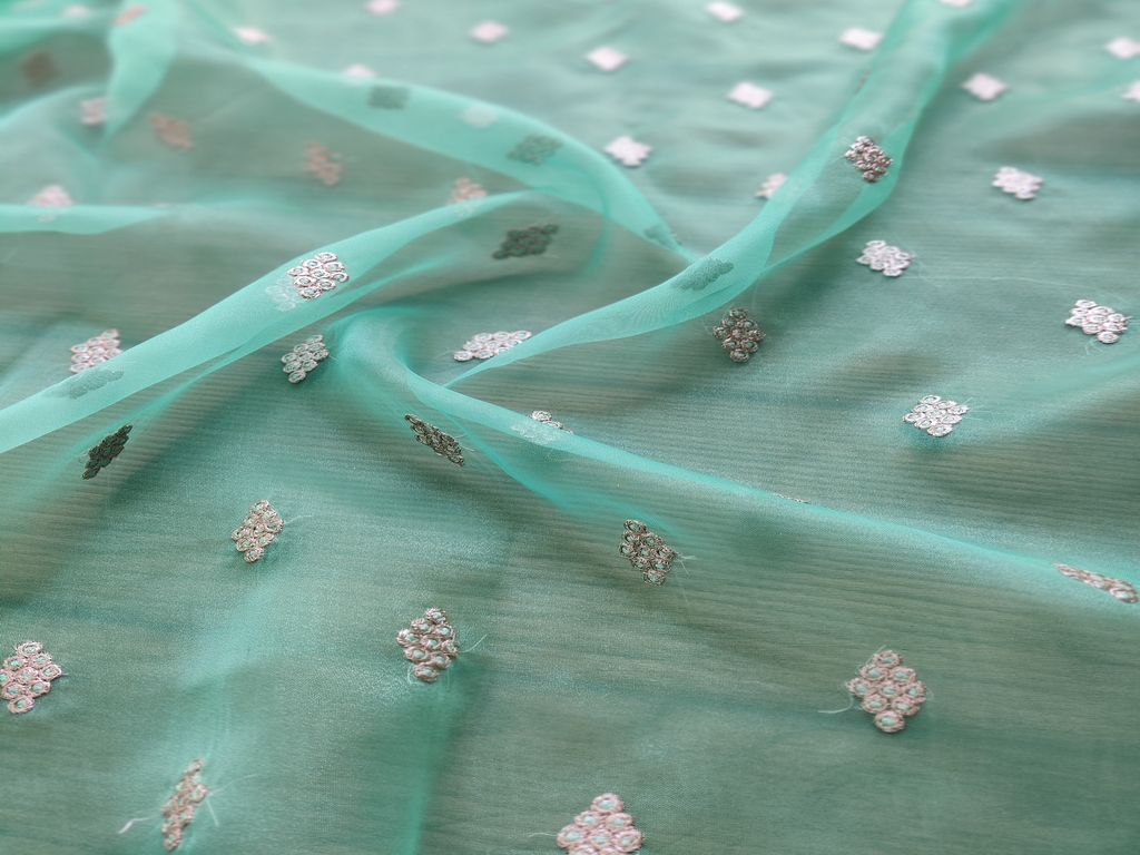 Green Motifs Zardozi Organza Fabric