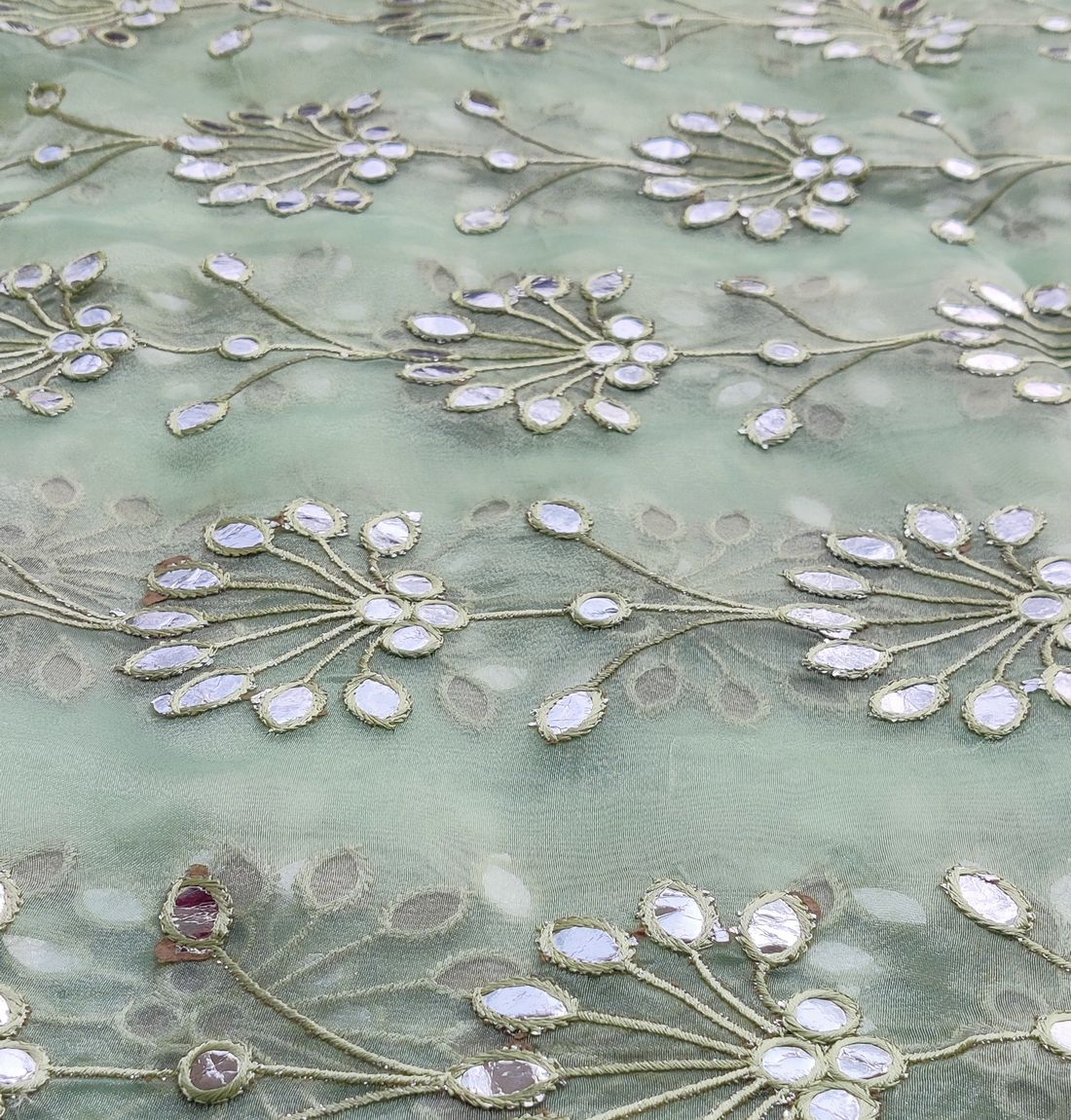 Light Green Floral Faux Mirror Embroidered Organza Fabric