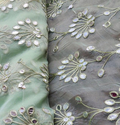 Light Green Floral Faux Mirror Embroidered Organza Fabric