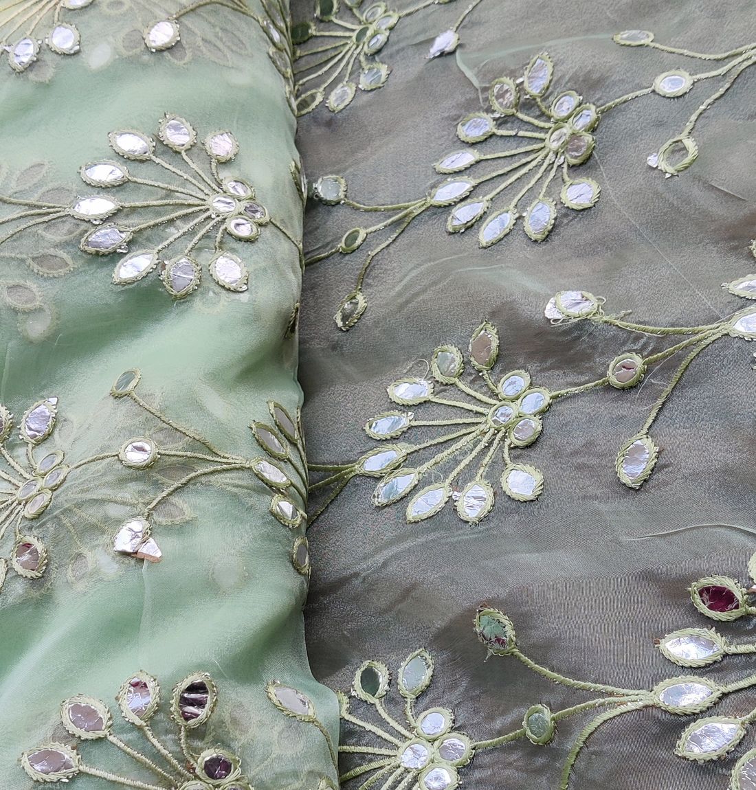 Light Green Floral Embroidered  Faux Mirror Organza Fabric (Wholesale)