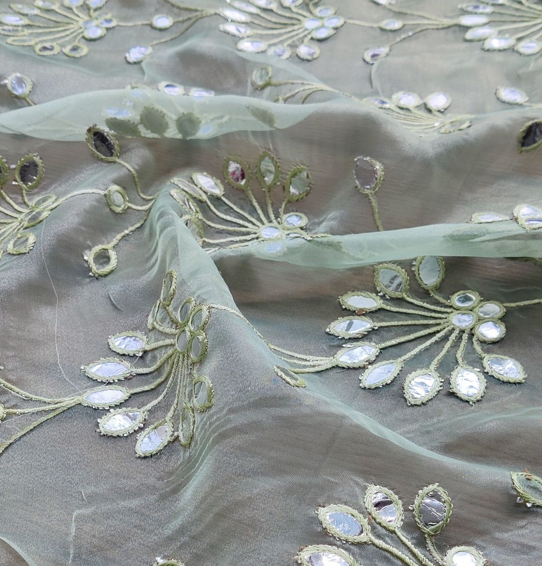 Light Green Floral Faux Mirror Embroidered Organza Fabric