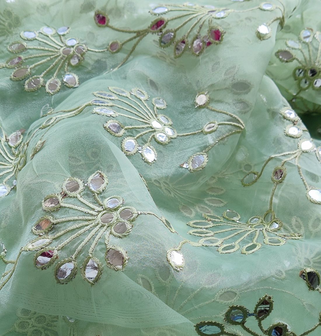 Light Green Floral Embroidered  Faux Mirror Organza Fabric (Wholesale)